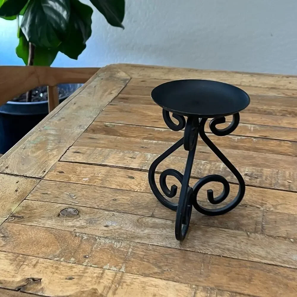 Black Wrought Iron Pillar Candle Holder 6 in Tall Scroll 